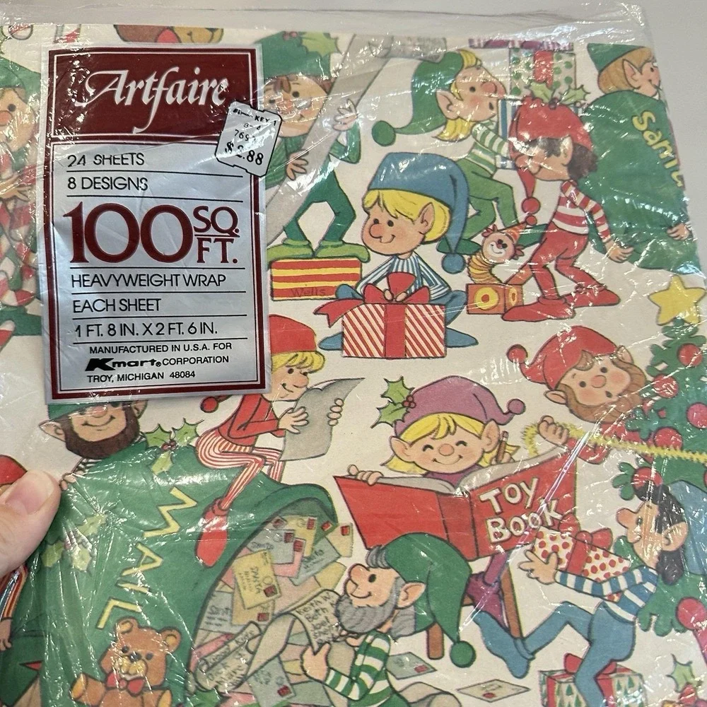 VTG Artfaire Christmas‎ Gift Wrapping Paper 1960's Kmart 100 Sq Ft Elves Santa